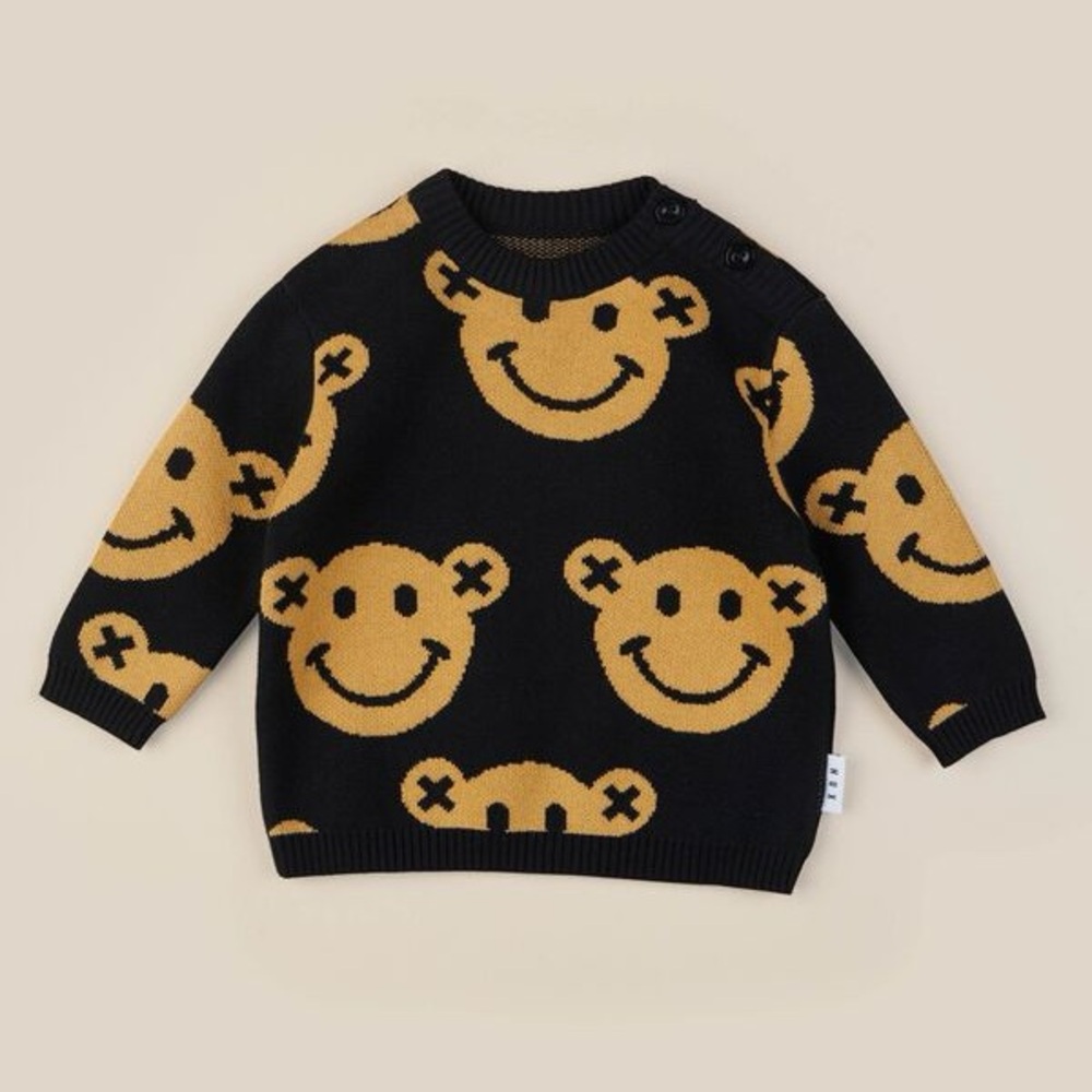 Hux Huxbaby Smiley Knit Jumper Pullover Crewneck Sweater Black Organic Cotton